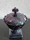 FENTON Carnival / Iridescent Plum Art Glass Covered Candy Dish /Pedestal Bowl