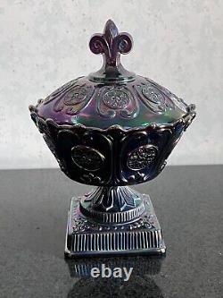 FENTON Carnival / Iridescent Plum Art Glass Covered Candy Dish /Pedestal Bowl