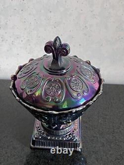 FENTON Carnival / Iridescent Plum Art Glass Covered Candy Dish /Pedestal Bowl