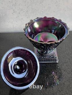 FENTON Carnival / Iridescent Plum Art Glass Covered Candy Dish /Pedestal Bowl