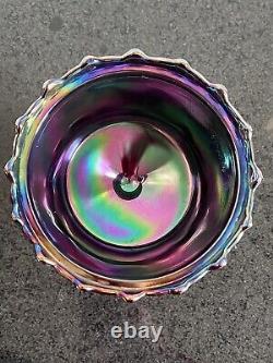 FENTON Carnival / Iridescent Plum Art Glass Covered Candy Dish /Pedestal Bowl