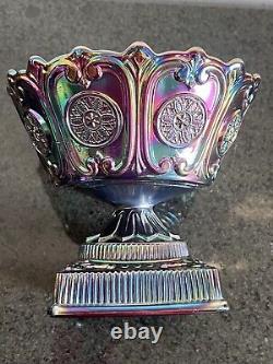 FENTON Carnival / Iridescent Plum Art Glass Covered Candy Dish /Pedestal Bowl