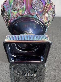 FENTON Carnival / Iridescent Plum Art Glass Covered Candy Dish /Pedestal Bowl