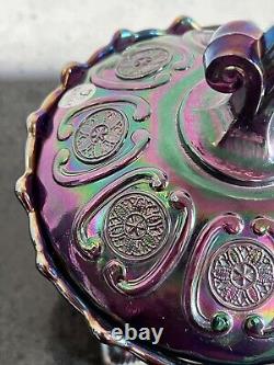 FENTON Carnival / Iridescent Plum Art Glass Covered Candy Dish /Pedestal Bowl