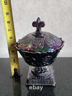 FENTON Carnival / Iridescent Plum Art Glass Covered Candy Dish /Pedestal Bowl