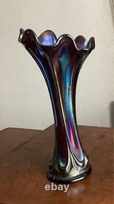 FENTON Carnival Vase Antique Iridescent Ribbed Carnival Glass