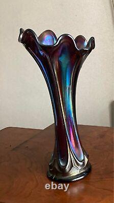 FENTON Carnival Vase Antique Iridescent Ribbed Carnival Glass