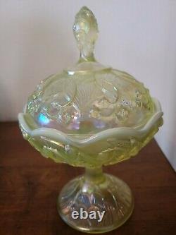 FENTON Carnival Vaseline Topaz Covered Candy Dish Opalescent Lily of the Valley
