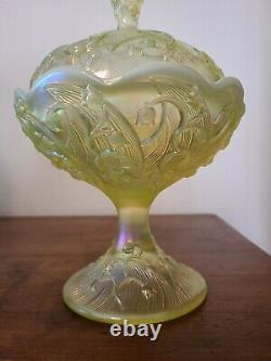 FENTON Carnival Vaseline Topaz Covered Candy Dish Opalescent Lily of the Valley