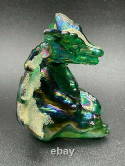 FENTON Green Iridescent Carnival Glass Winged Dragon Figurine By Nancy Fenton