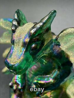 FENTON Green Iridescent Carnival Glass Winged Dragon Figurine By Nancy Fenton