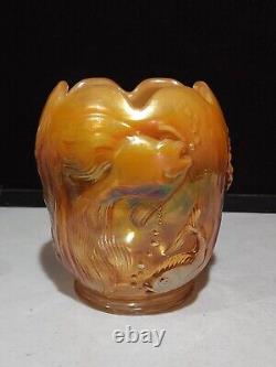 FENTON Koi Goldfish Beta Fish ATLANTIS Vase ORANGE Iridescent Carnival Glass