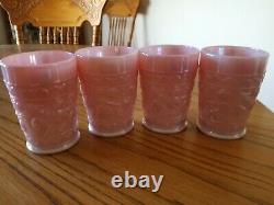 FENTON PINK IRIDESCENT CARNIVAL GLASS CHERRY SET OF 4 TUMBLERS WithSILVER STICKER