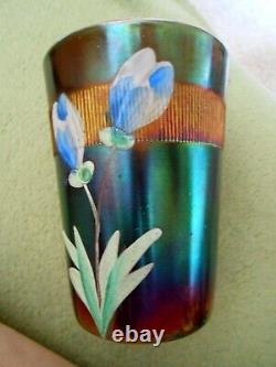 FENTON Prism Band Blue Crocus Tumbler Carnival Glass Iridescent early 1900s