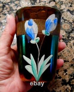 FENTON Prism Band Blue Crocus Tumbler Carnival Glass Iridescent early 1900s