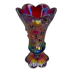FENTON Red Carnival Glass 9 Footed Vase Iridescent Embossed Cabbage Rose Exc