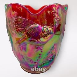 FENTON Ruby Red Iridescent Carnival Glass Atlantis Fish VASE EXC