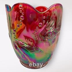 FENTON Ruby Red Iridescent Carnival Glass Atlantis Fish VASE EXC