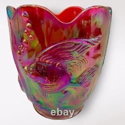 FENTON Ruby Red Iridescent Carnival Glass Atlantis Fish VASE EXC