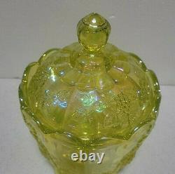 FENTON Vaseline CARNIVAL Iridescent GLASS Paneled Grape Candy/Compote Lid 10