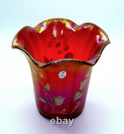 FENTON carnival RUBY red STRETCH glass 100 ANNIVERSARY VASE hand painted signed