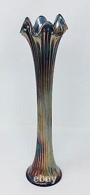 Fenton 16 Fine Ribbed Swung Stretch Vase Iridescent Cobalt Blue Carnival Glass