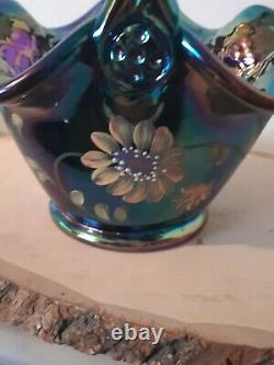 Fenton 2000 Iridescent Amethyst Peacock Tail and Daisy Bowl/Basket WithLogo