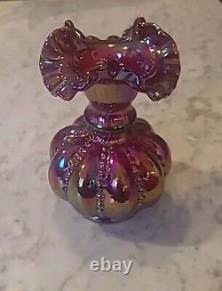 Fenton 6 Red Carnival Iridescent Beaded Melon 2557rn Vase Excellent (rr)