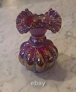 Fenton 6 Red Carnival Iridescent Beaded Melon 2557rn Vase Excellent (rr)