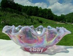 Fenton 90's Pink-Violet Opalescent Carnival Glass Berries-Leaf Bowl 8W x 4H