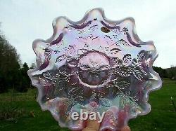 Fenton 90's Pink-Violet Opalescent Carnival Glass Berries-Leaf Bowl 8W x 4H
