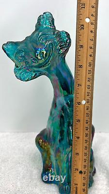 Fenton Alley Cat Carnival Iridescent Teal Blue Green Winking Smiling Cat 11