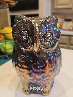 Fenton Amethyst Carnival Glass Iridescent Owl Figurine 6 1/2 T