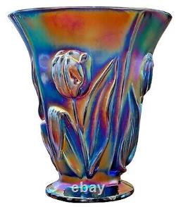 Fenton Amethyst Carnival Glass Raised Tulips Vase 2004 Iridescent 8.5 #2856