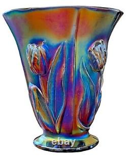 Fenton Amethyst Carnival Glass Raised Tulips Vase 2004 Iridescent 8.5 #2856