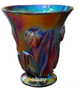 Fenton Amethyst Carnival Glass Raised Tulips Vase 2004 Iridescent 8.5 #2856