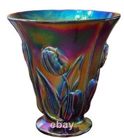 Fenton Amethyst Carnival Glass Raised Tulips Vase 2004 Iridescent 8.5 #2856