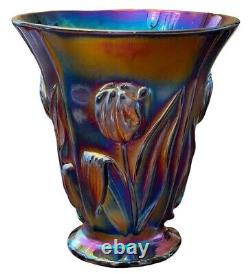 Fenton Amethyst Carnival Glass Raised Tulips Vase 2004 Iridescent 8.5 #2856