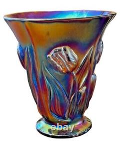 Fenton Amethyst Carnival Glass Raised Tulips Vase 2004 Iridescent 8.5 #2856