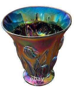 Fenton Amethyst Carnival Glass Raised Tulips Vase 2004 Iridescent 8.5 #2856