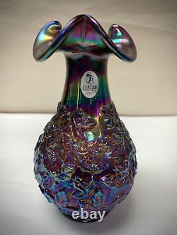 Fenton Amethyst Carnival Glass Vase Leaves Iridescent Ruffled Rim Art Glass RARE