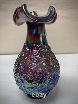 Fenton Amethyst Carnival Glass Vase Leaves Iridescent Ruffled Rim Art Glass RARE