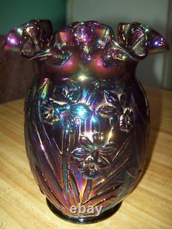 Fenton Amethyst Carnival Iridescent Glass Daffodil Fluted Ruffled Vase 8 Tall