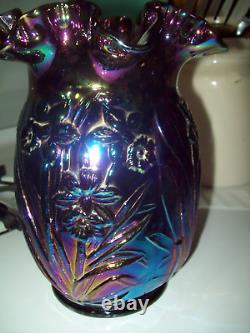 Fenton Amethyst Carnival Iridescent Glass Daffodil Fluted Ruffled Vase 8 Tall