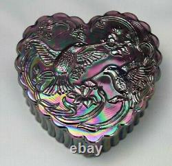 Fenton Amethyst Iridescent Carnival Glass Heart Shape Trinket Dish Hummingbirds