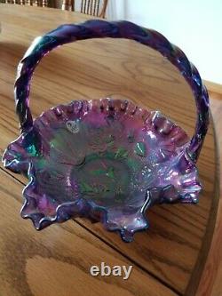 Fenton Amethyst Iridescent Carnival Glass Ruffled Hummingbird Basket Signed