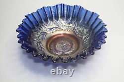 Fenton Antique Carnival Cobalt Blue Glass Chrysanthemum Candy Ribbon Edge Bowl