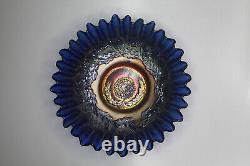 Fenton Antique Carnival Cobalt Blue Glass Chrysanthemum Candy Ribbon Edge Bowl