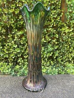 Fenton Antique Carnival Swung Glass Vase Rippled Green Pink Opalescent