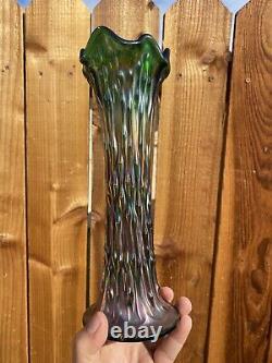 Fenton Antique Carnival Swung Glass Vase Rippled Green Pink Opalescent